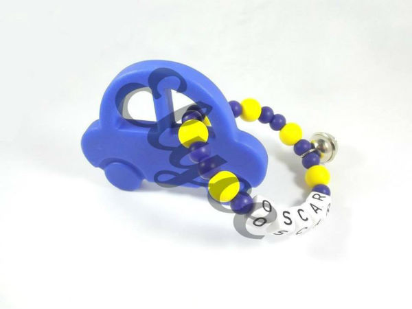 elyce hochet dentition perles en silicone personnalisé prénom bébé voiture bleu